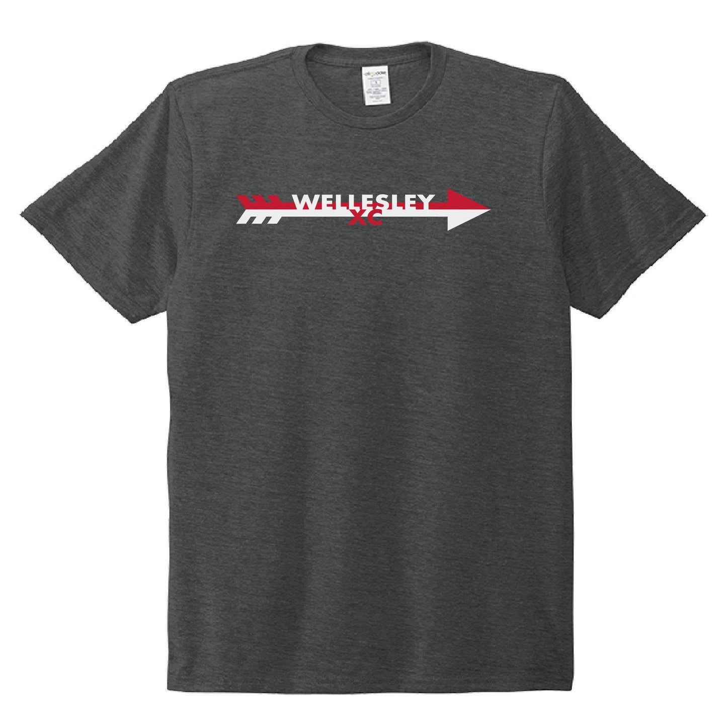 Charcoal gray t-shirt with "WELLESLEY" text in white, surrounded by red geometric shapes, creating a modern arrow design across the chest
