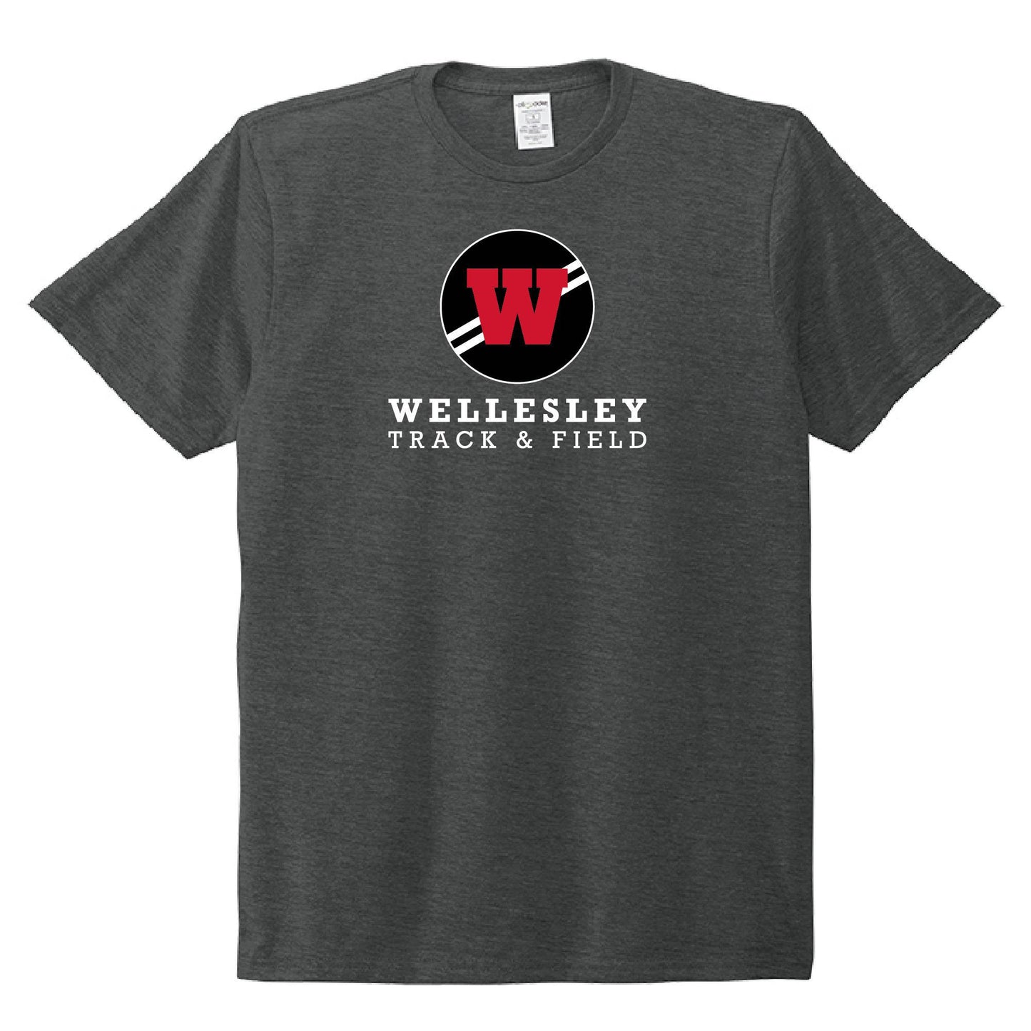 Charcoal gray t-shirt with Wellesley Track & Field logo featuring red W in black circle, white text below, eco-friendly sustainable crew neck design