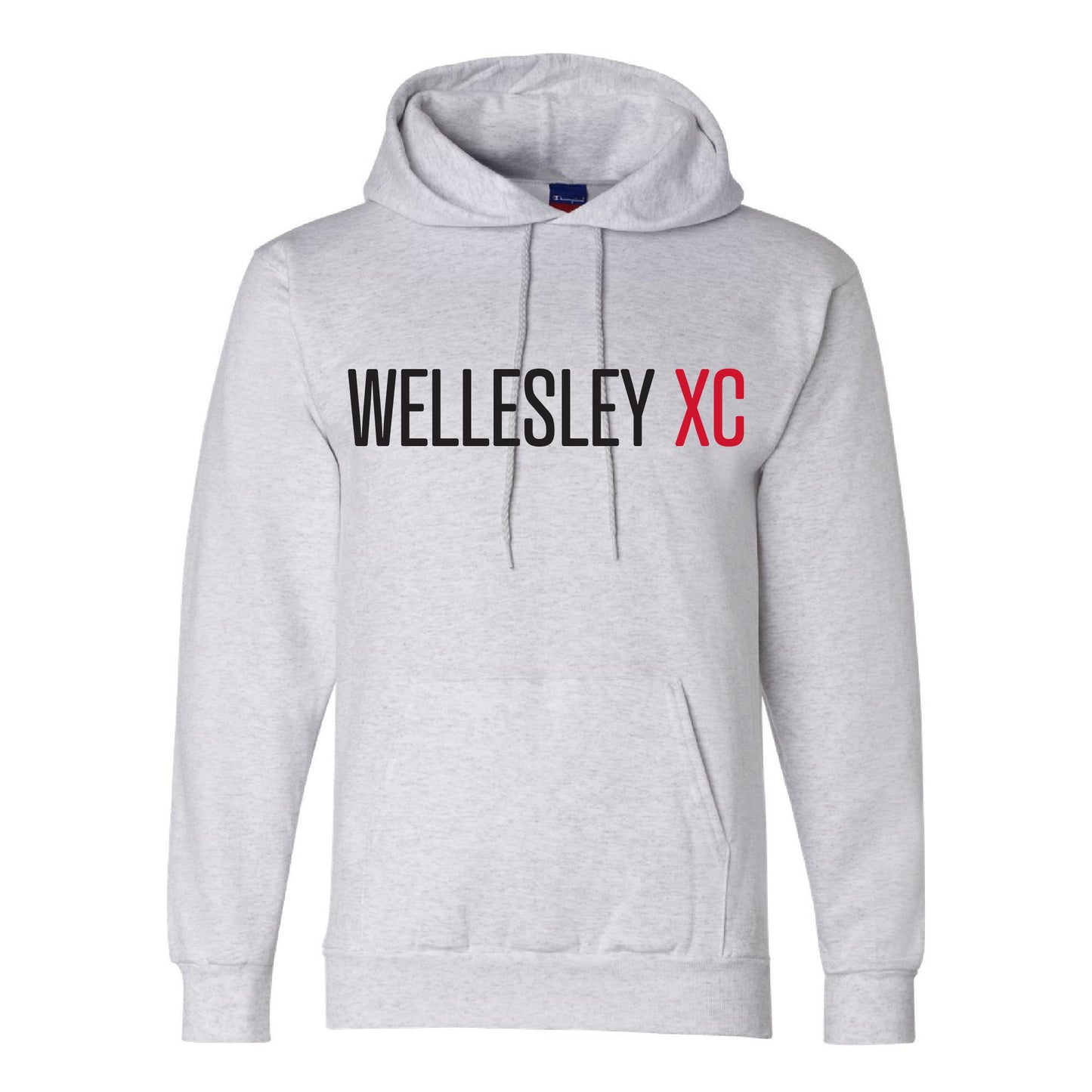 Gray Champion hoodie with "WELLESLEY XC" printed in black and red letters, featuring a front pouch pocket and drawstring hood