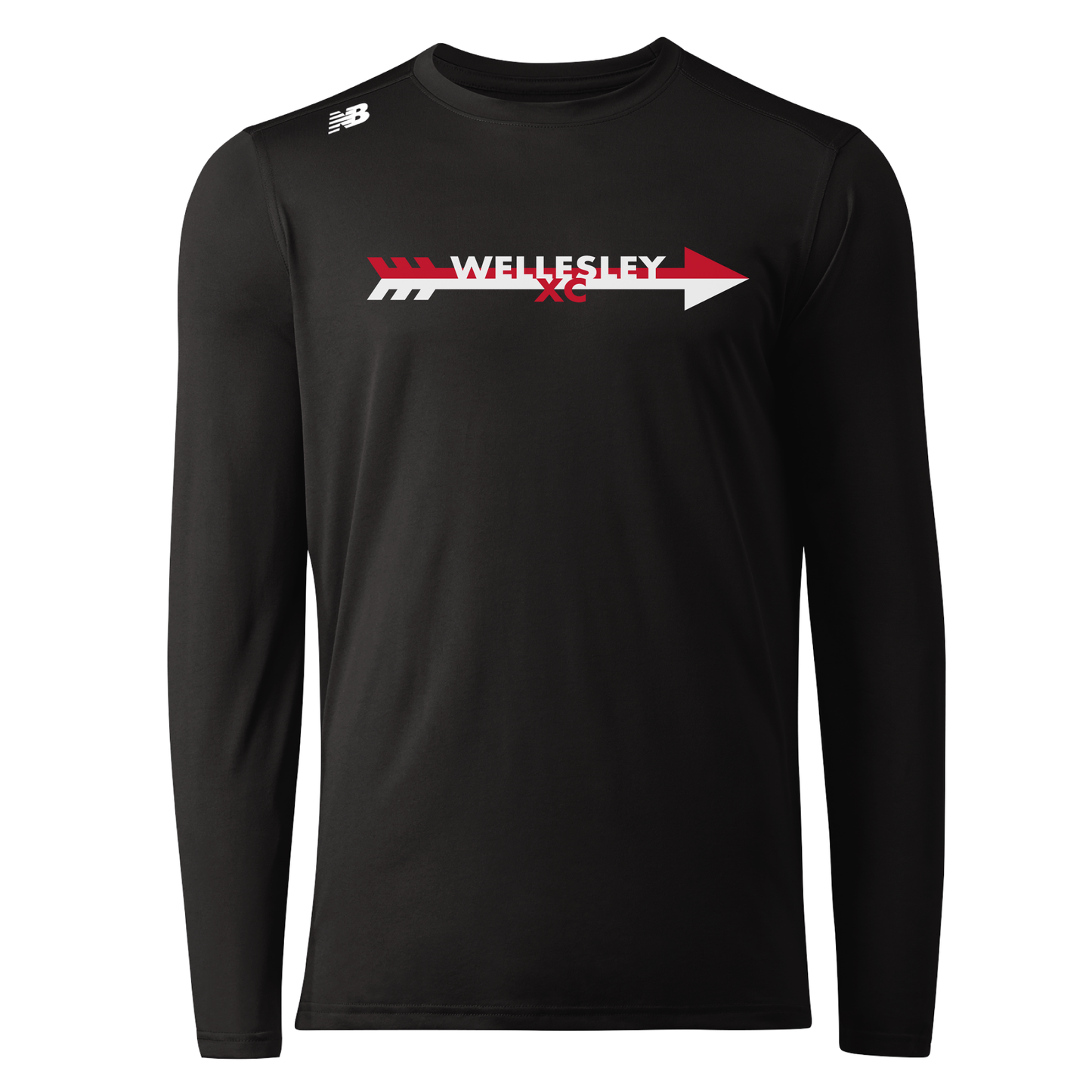 Black long sleeve athletic shirt with Wellesley logo and arrow design in red and white. New Balance logo on shoulder. Polyester fabric for moisture-wicking performance during sports or casual wear.