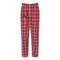 Red and white plaid flannel lounge pants with elastic waistband and side pockets. Features a small embroidered Nordic ski logo on the left thigh. Comfortable and festive holiday-themed sleepwear for winter relaxation.