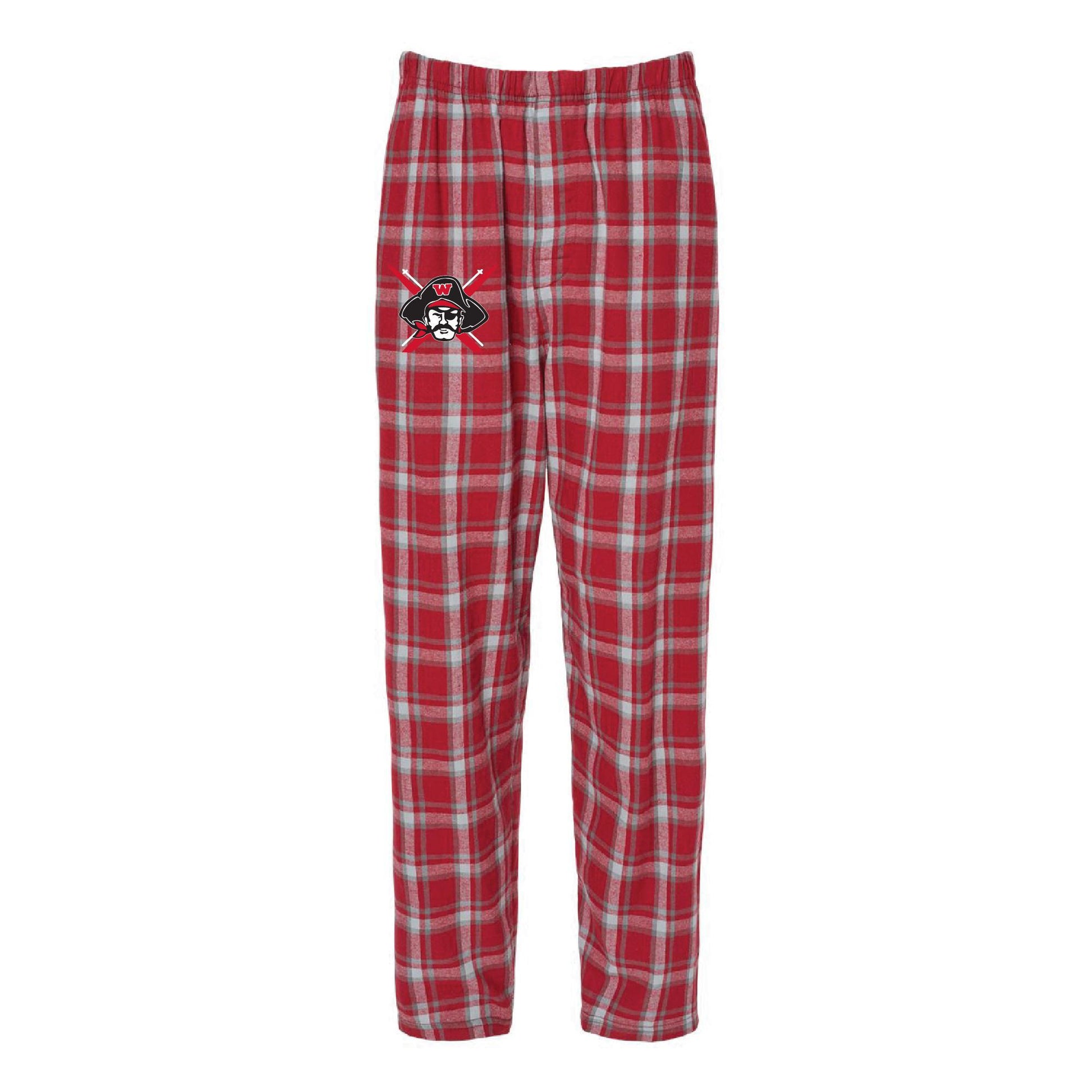 Red and white plaid flannel lounge pants with elastic waistband and side pockets. Features a small embroidered Nordic ski logo on the left thigh. Comfortable and festive holiday-themed sleepwear for winter relaxation.