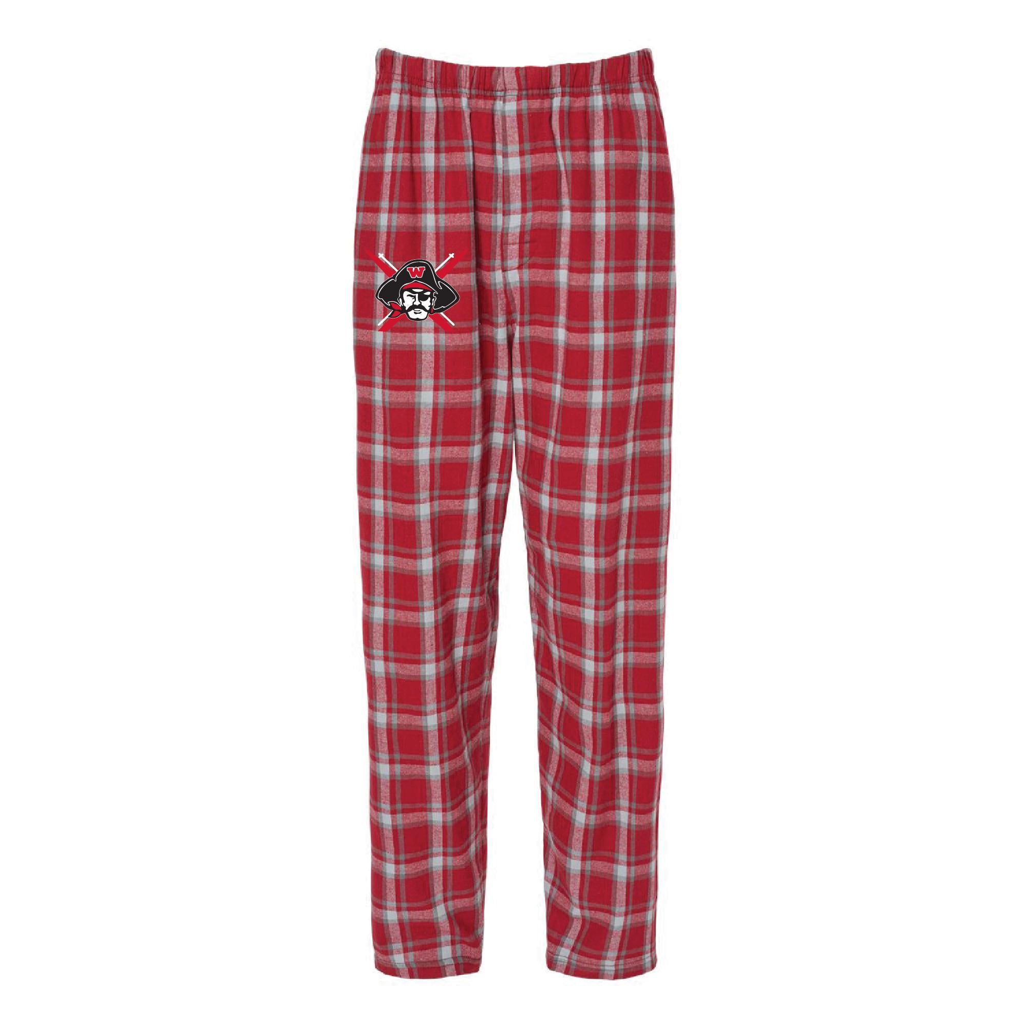 Red and white plaid flannel lounge pants with elastic waistband and side pockets. Features a small embroidered Nordic ski logo on the left thigh. Comfortable and festive holiday-themed sleepwear for winter relaxation.