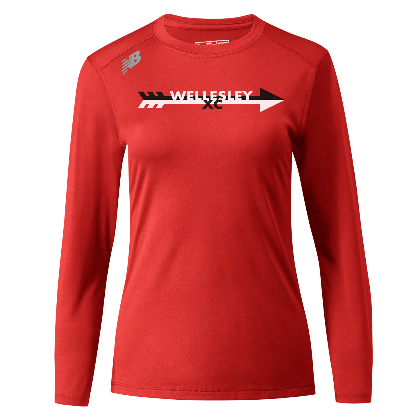 Red New Balance long sleeve tech tee with Wellesley XC design, featuring athletic fit and moisture-wicking fabric for optimal performance during cross country running and training