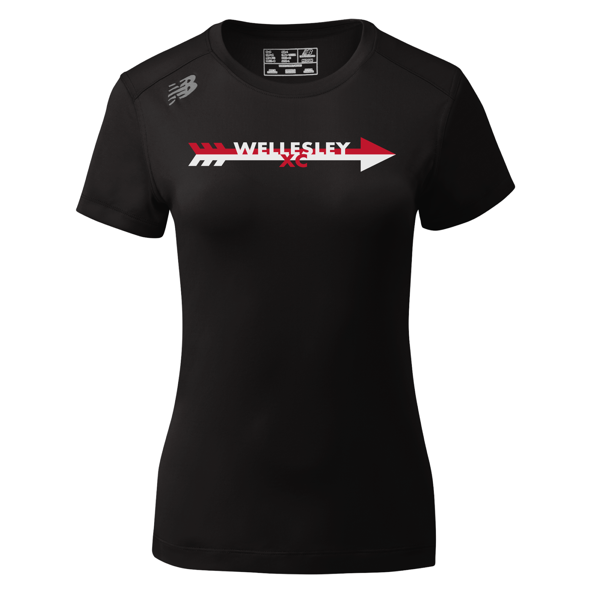 Black New Balance women's athletic t-shirt with Wellesley XC logo and arrow design on the front, featuring short sleeves and a crew neck for comfortable performance wear