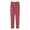 Red and white plaid flannel lounge pants with side pockets and self-folded waistband, featuring vertical text on the left leg. Comfortable and festive holiday-themed sleepwear for casual wear or relaxation.