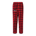 Raider Lax flannel lounge pants in red and black buffalo plaid pattern, featuring a logo patch on the left leg, elastic waistband, and a relaxed fit for comfort