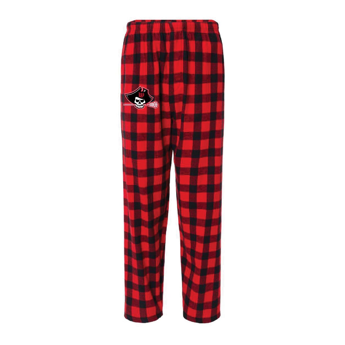 WHS Raiders flannel lounge pants in red and black buffalo plaid pattern, featuring a logo patch on the left thigh, elastic waistband, and relaxed fit for comfortable wear.