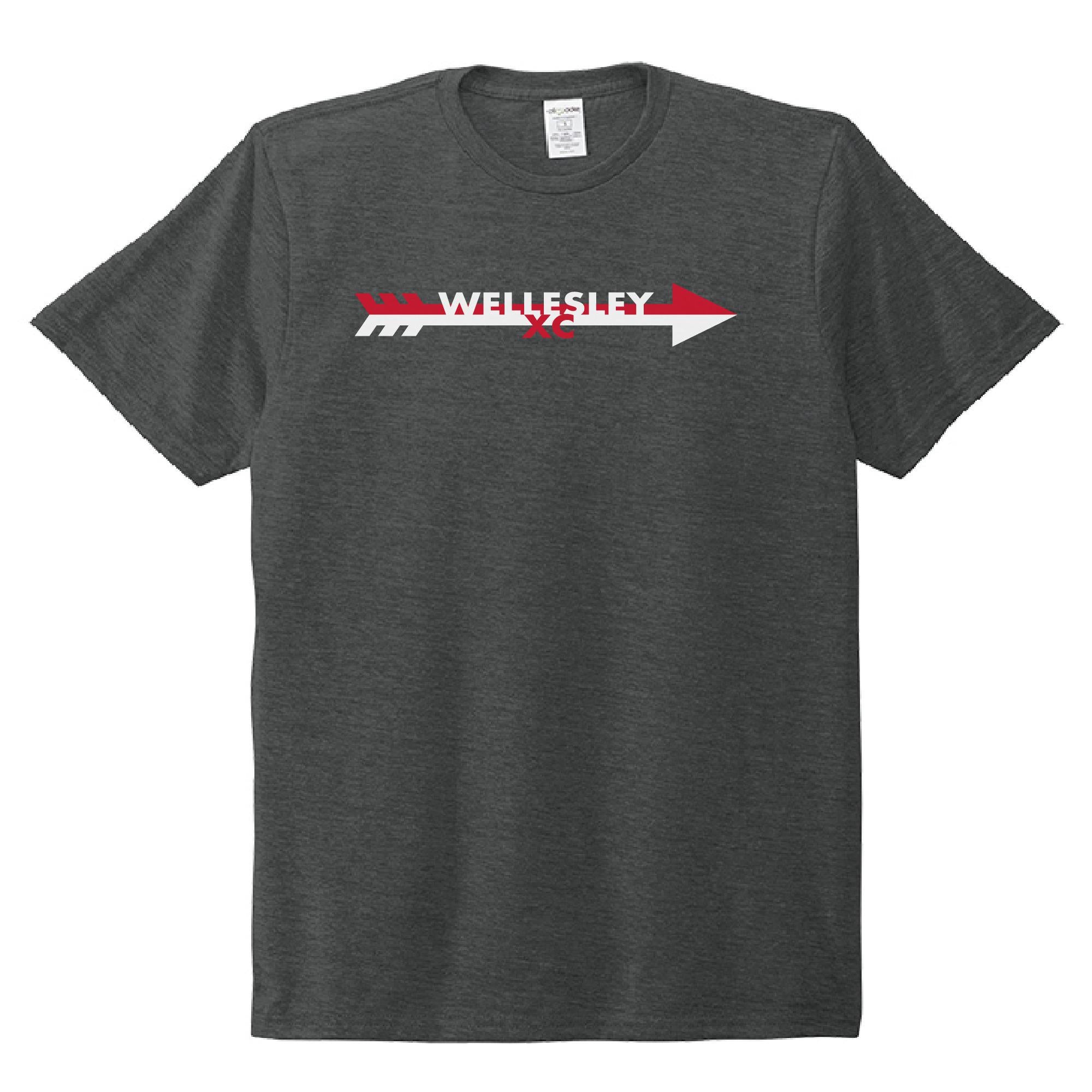 Charcoal gray t-shirt with "WELLESLEY" text in white, surrounded by red geometric shapes, creating a modern arrow design across the chest