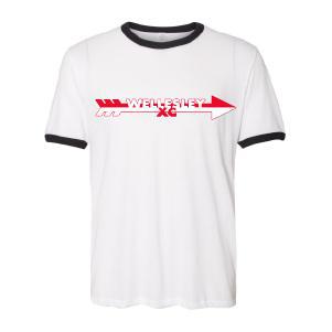 White ringer tee with black trim featuring red "WHS XC" text and arrow design. Classic unisex fit, short sleeves, and retro style perfect for cross country team or fans.