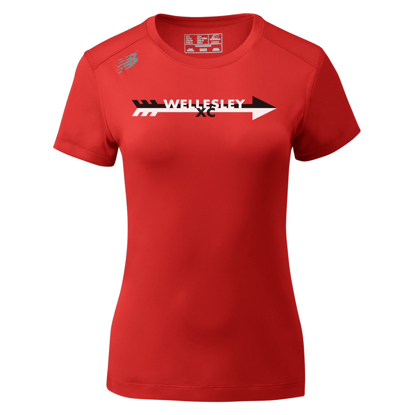 Red New Balance women's athletic t-shirt with "Wellesley XC" text in arrow design on chest, featuring short sleeves and crew neck. NB logo visible on shoulder.