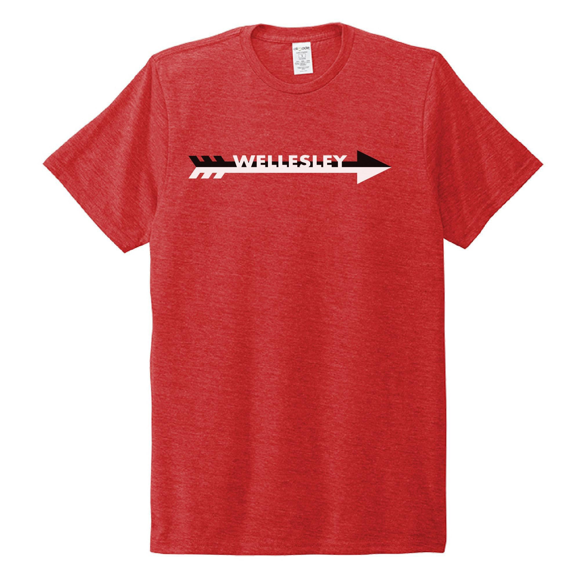 Red crew neck t-shirt with "WELLESLEY" text in white on a black arrow design across the chest, showcasing sustainable and comfortable WHS XC Crew Tee product