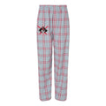 Gray plaid flannel lounge pants with red lines, featuring an elastic waistband and a Nordic ski logo patch on the left thigh. Comfortable cotton material ideal for relaxation and casual wear.