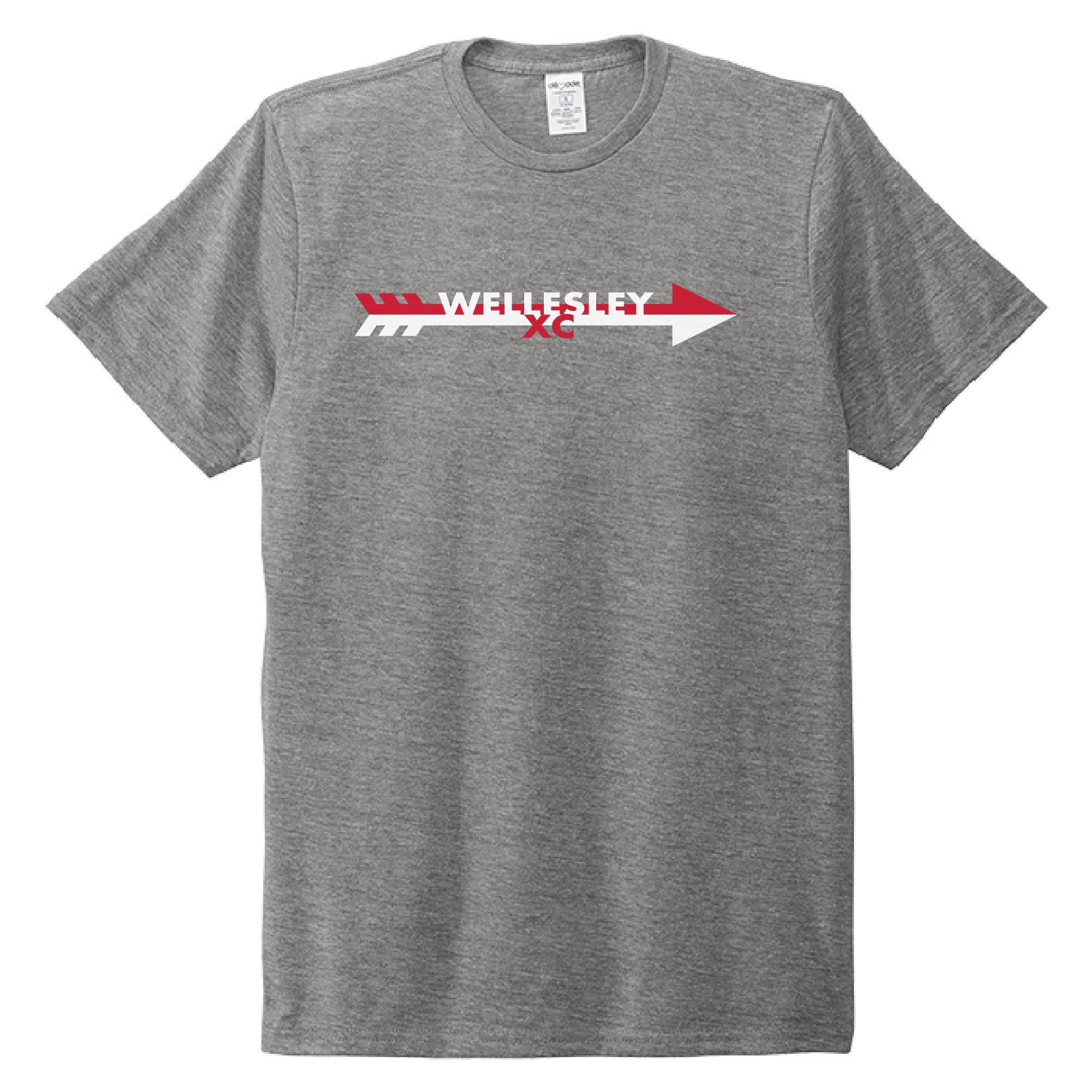 Gray crew neck t-shirt with "WELLESLEY" text in white, stylized as an arrow with red and white accents, representing a cross country running theme