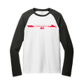 White and charcoal raglan tee with long sleeves, featuring red "WHS XC" text and arrow design across the chest. Sustainable and eco-friendly athletic wear for cross country runners.