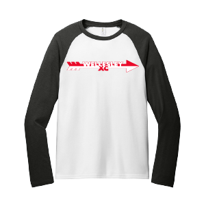 White and charcoal raglan tee with long sleeves, featuring red "WHS XC" text and arrow design across the chest. Sustainable and eco-friendly athletic wear for cross country runners.