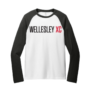 Retro raglan tee with white body and black sleeves featuring "WELLESLEY XC" text in bold black letters with red "XC" accent, showcasing a classic athletic design for cross country team or fans