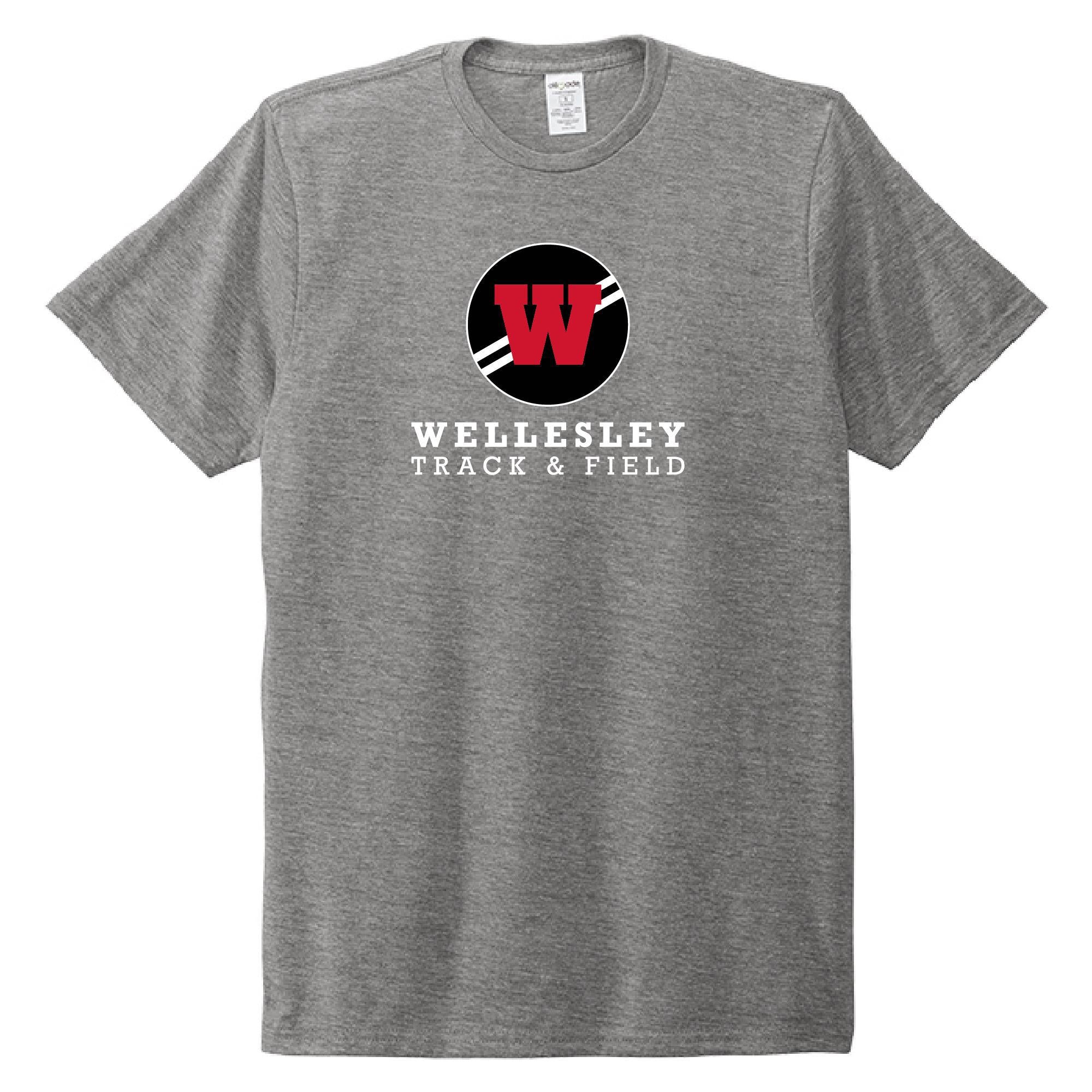 Gray crew neck t-shirt featuring Wellesley Track & Field logo with red 'W' in black circle, white text below. Sustainable fabric made from recycled materials.
