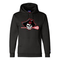 Black Champion hoodie featuring Raiders Lax logo with pirate skull in tricorn hat holding lacrosse stick, front pouch pocket, and Champion logo on left sleeve
