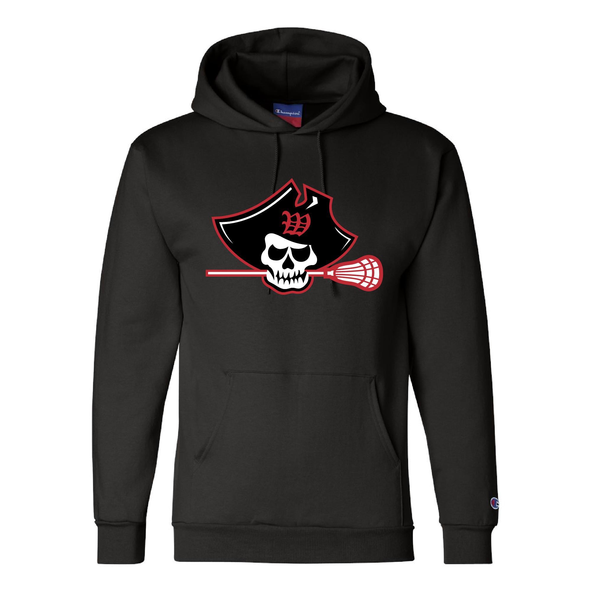 Black Champion hoodie featuring Raiders Lax logo with pirate skull in tricorn hat holding lacrosse stick, front pouch pocket, and Champion logo on left sleeve