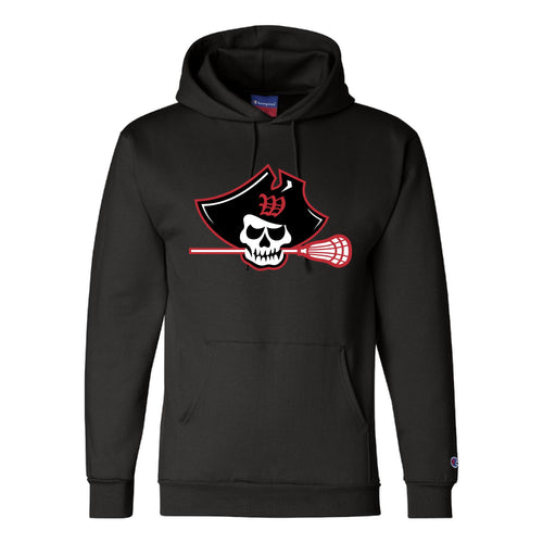 Black Champion hoodie featuring Raiders Lax logo with pirate skull in tricorn hat holding lacrosse stick, front pouch pocket, and Champion logo on left sleeve