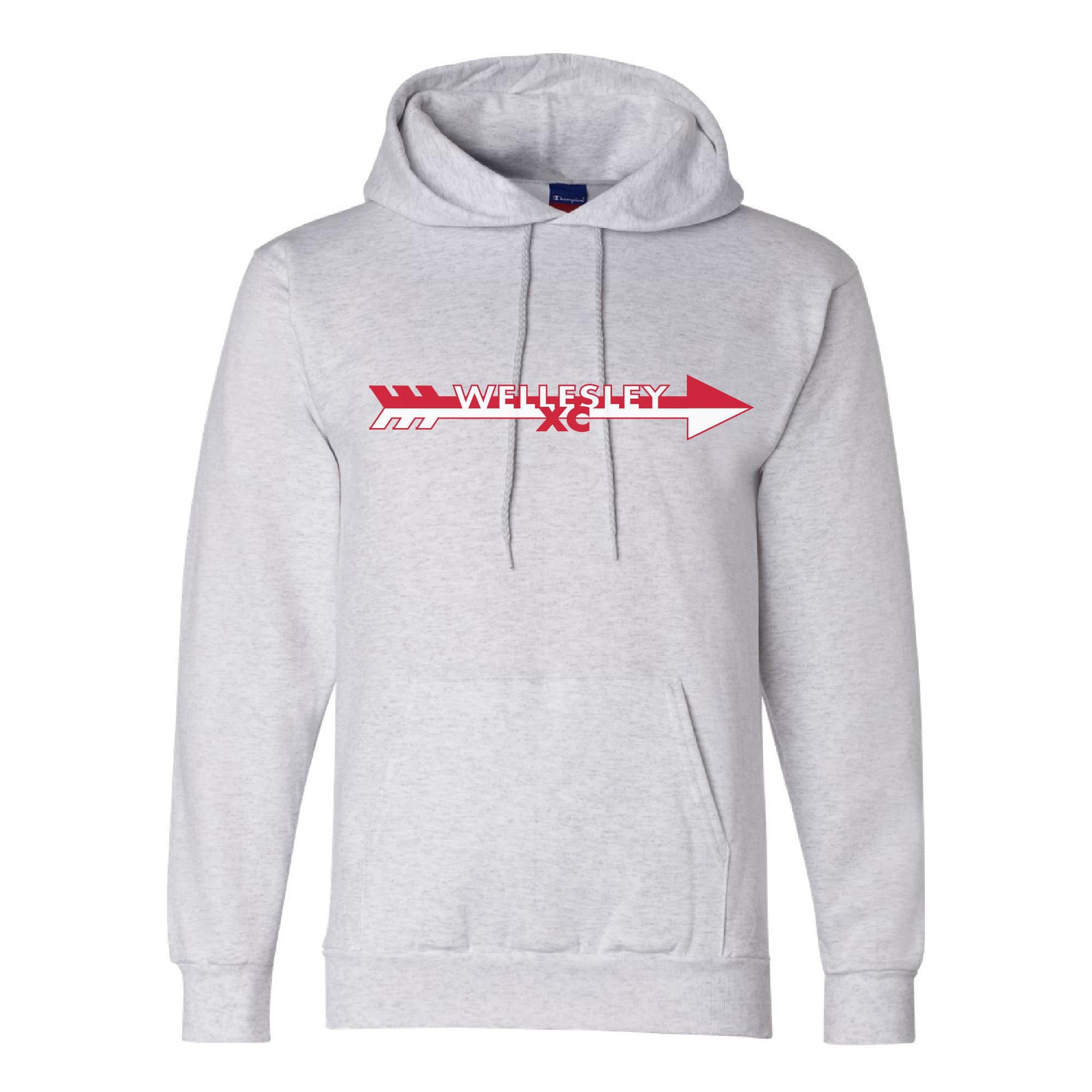 Gray Champion hoodie with Wellesley XC arrow logo in red, featuring front pouch pocket and drawstring hood, perfect for Raider pride and comfort