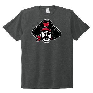 Charcoal gray WHS Raiders Crew Tee featuring a bold pirate logo with red accents on a soft, eco-friendly fabric made from recycled plastic bottles and sustainable materials, perfect for school spirit and environmental consciousness