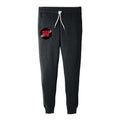 Dark gray heather jogger sweatpants with white drawstring and red logo on left thigh. Features side pockets and ribbed ankle cuffs. Comfortable unisex design for WHS Track & Field team.