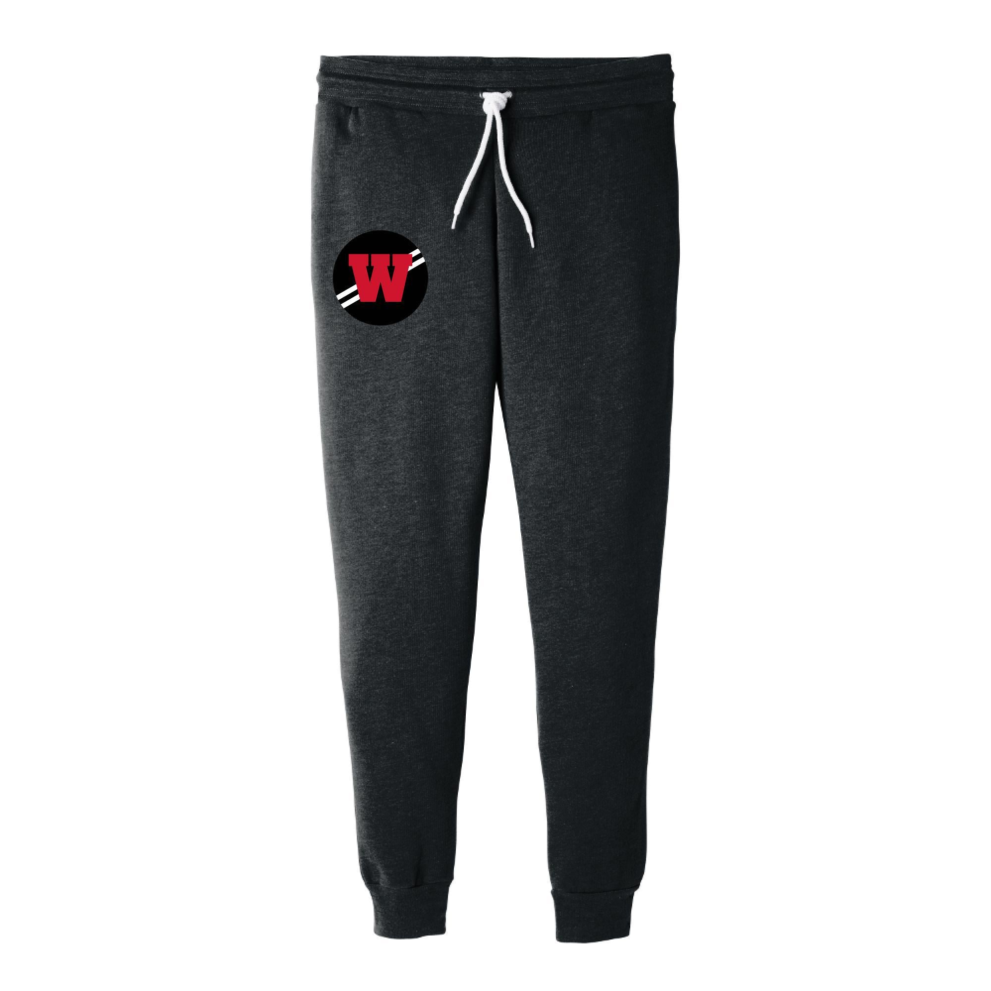 Dark gray heather jogger sweatpants with white drawstring and red logo on left thigh. Features side pockets and ribbed ankle cuffs. Comfortable unisex design for WHS Track & Field team.