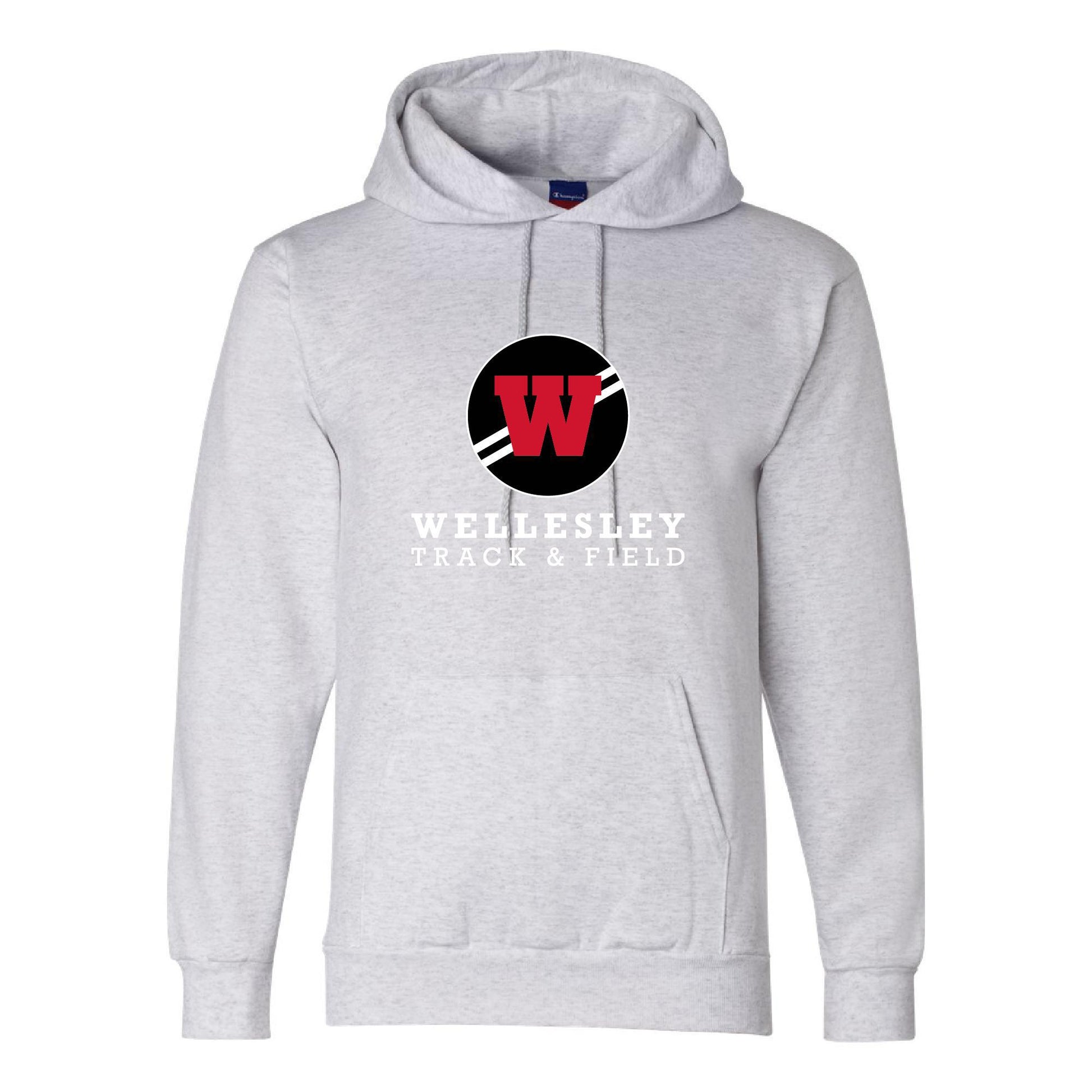 Light gray hoodie with Wellesley Track & Field logo featuring red W in black circle, white text below, front pouch pocket visible