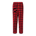 Red and black buffalo plaid flannel lounge pants with WHS Track & Field logo on pocket, comfortable cotton material, perfect for relaxation and team spirit