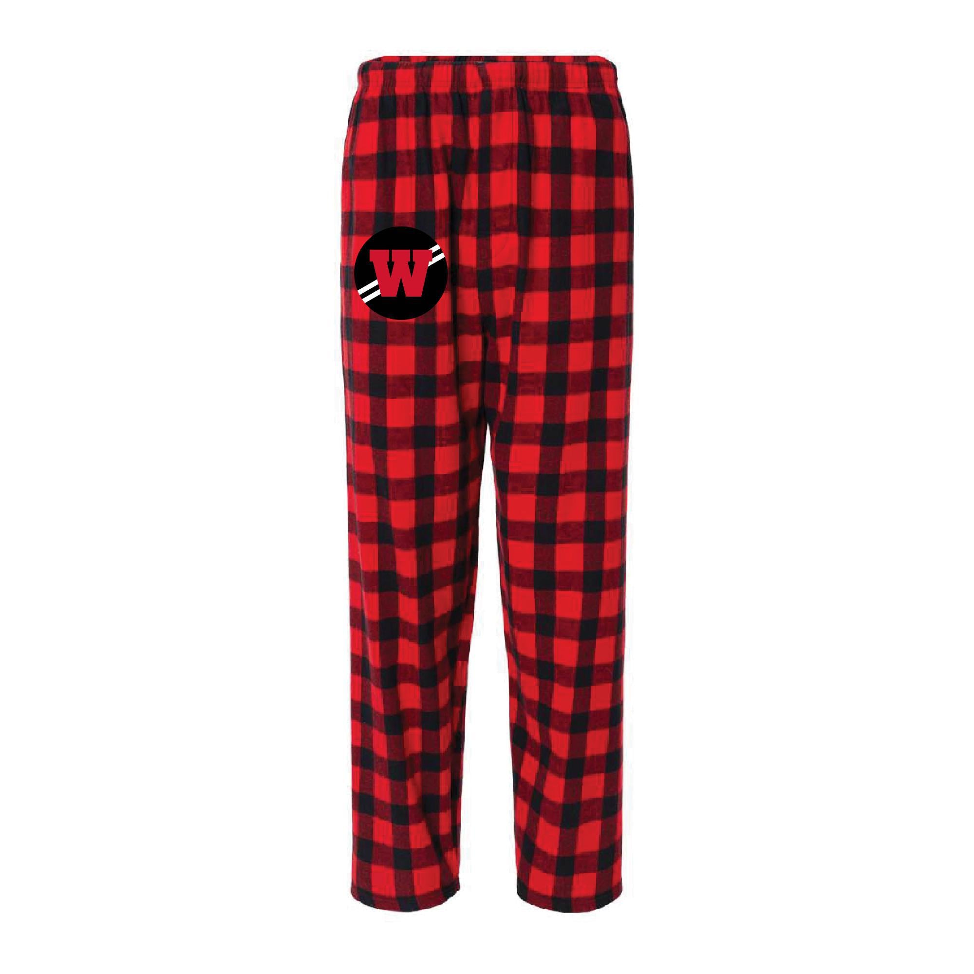 Red and black buffalo plaid flannel lounge pants with WHS Track & Field logo on pocket, comfortable cotton material, perfect for relaxation and team spirit