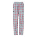 Gray plaid flannel lounge pants with red lines, elastic waistband, and side pockets. Comfortable cotton material with 'WHS XC' text printed vertically on left leg. Suitable for relaxation and casual wear.