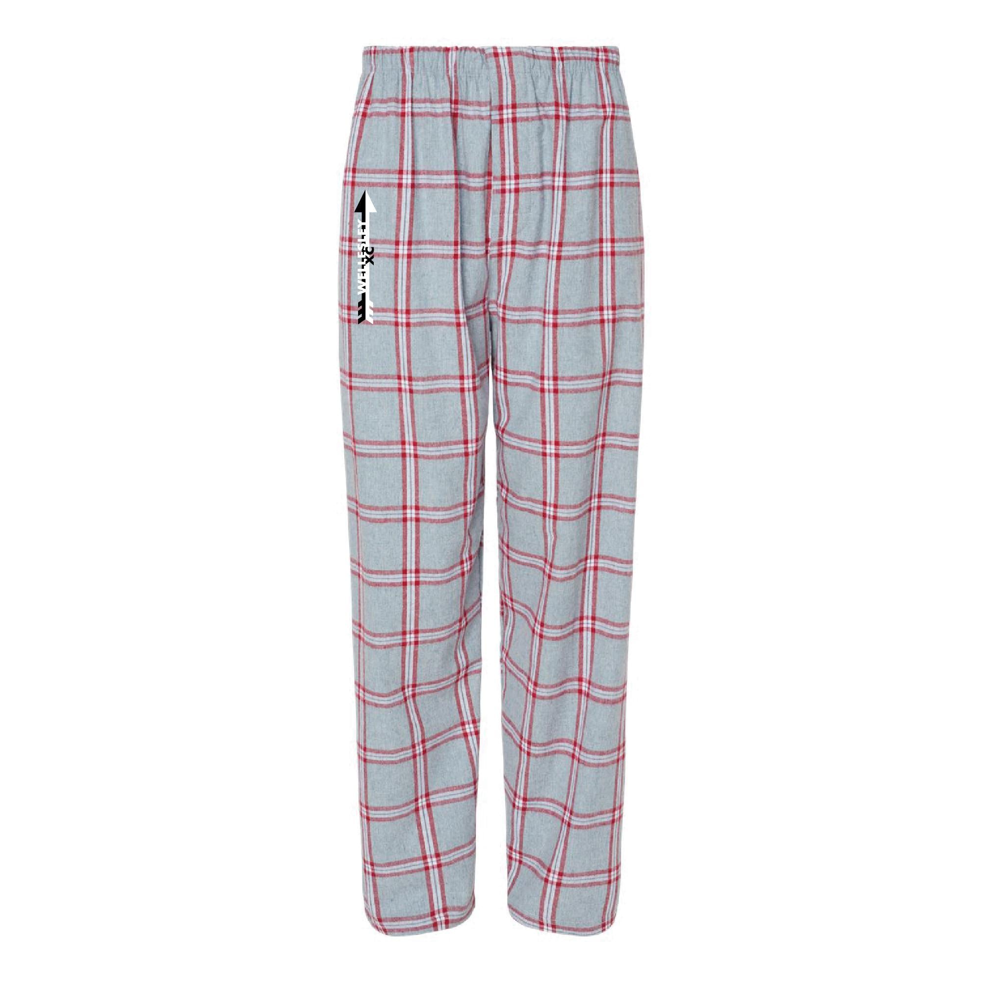 Gray plaid flannel lounge pants with red lines, elastic waistband, and side pockets. Comfortable cotton material with 'WHS XC' text printed vertically on left leg. Suitable for relaxation and casual wear.