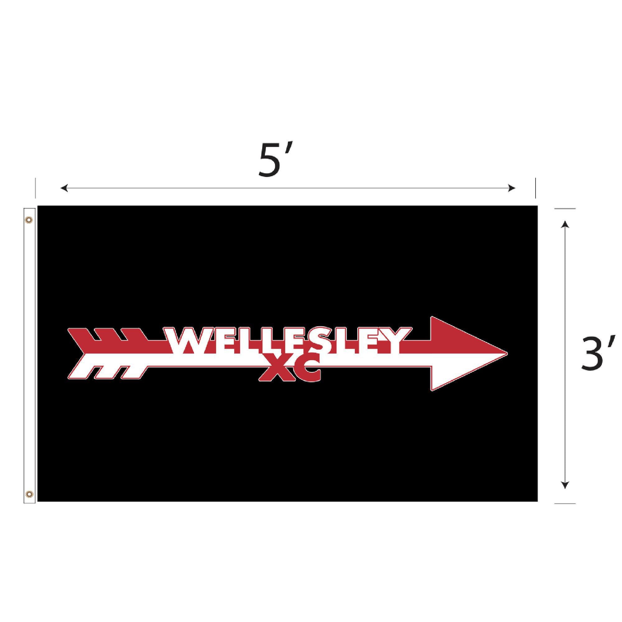 Black 5x3' outdoor flag featuring a stylized red and white arrow with "WELLESLEY XC" text, representing Wellesley High School cross country team