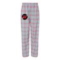 Gray plaid flannel lounge pants with red lines forming a checkered pattern. Features a black circular logo with red 'JW' lettering on the left thigh. Elastic waistband visible at the top of the pants.