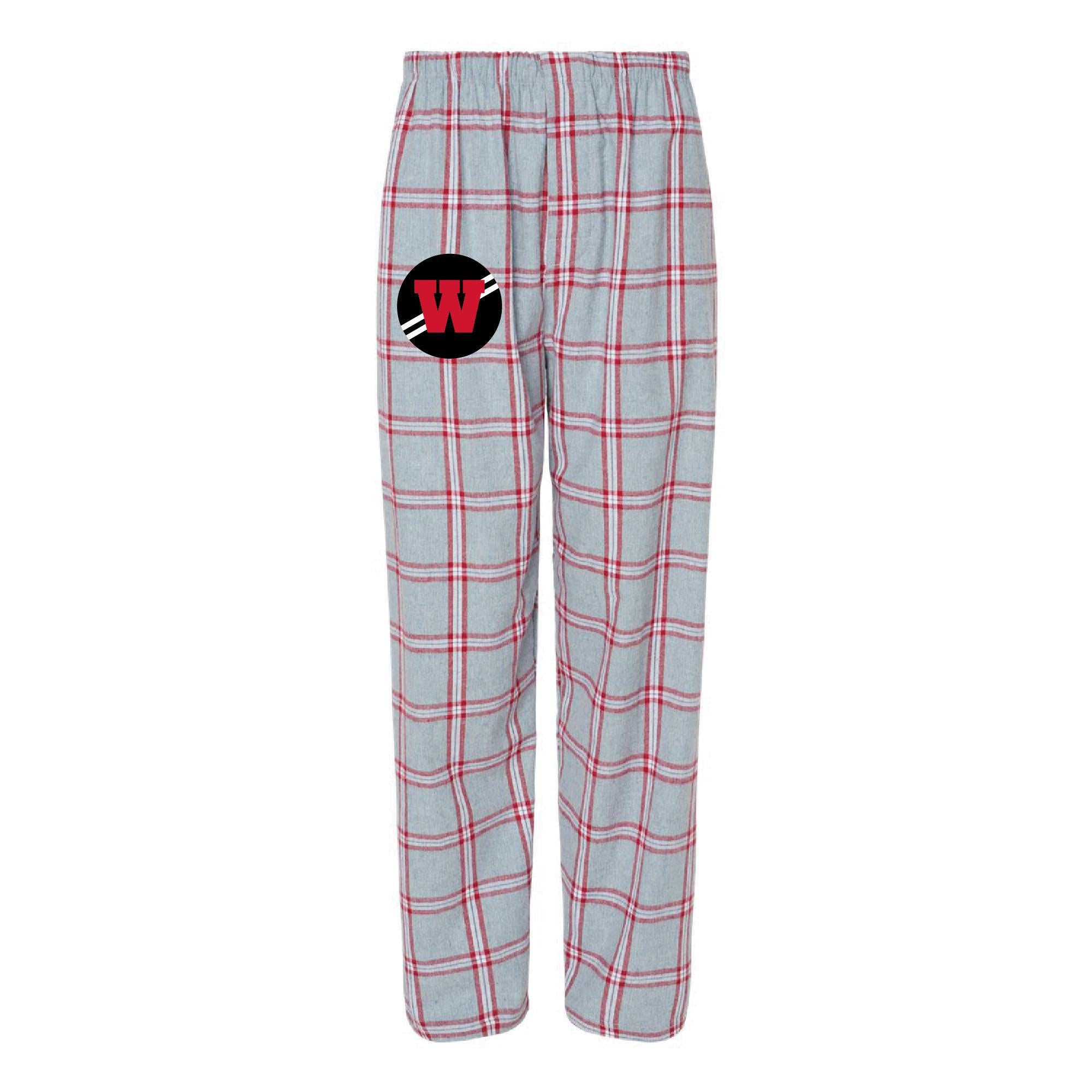 Gray plaid flannel lounge pants with red lines forming a checkered pattern. Features a black circular logo with red 'JW' lettering on the left thigh. Elastic waistband visible at the top of the pants.