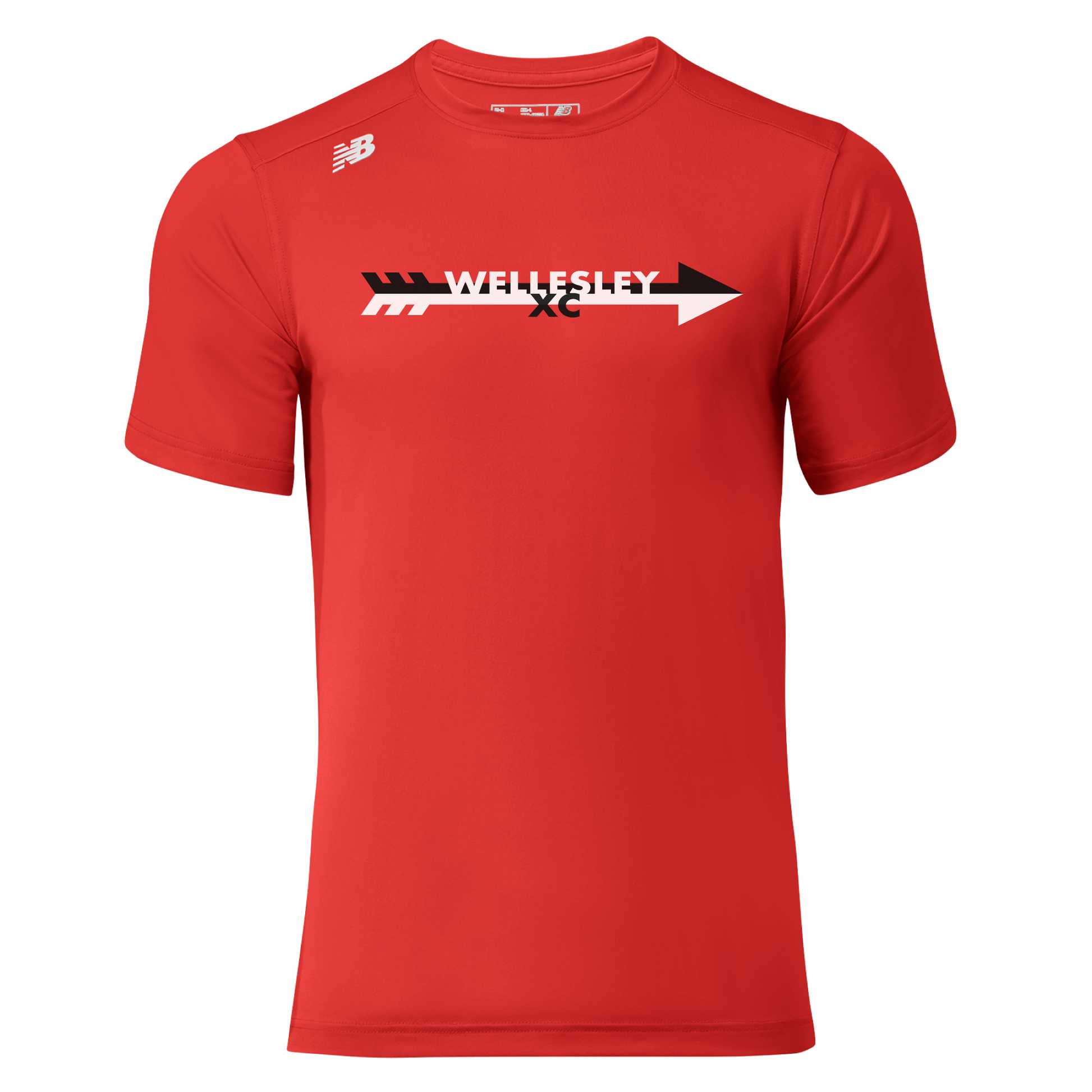 Red New Balance short sleeve tech tee with Wellsley XC arrow logo design on chest, featuring athletic fit and NB logo on shoulder, ideal for cross country runners