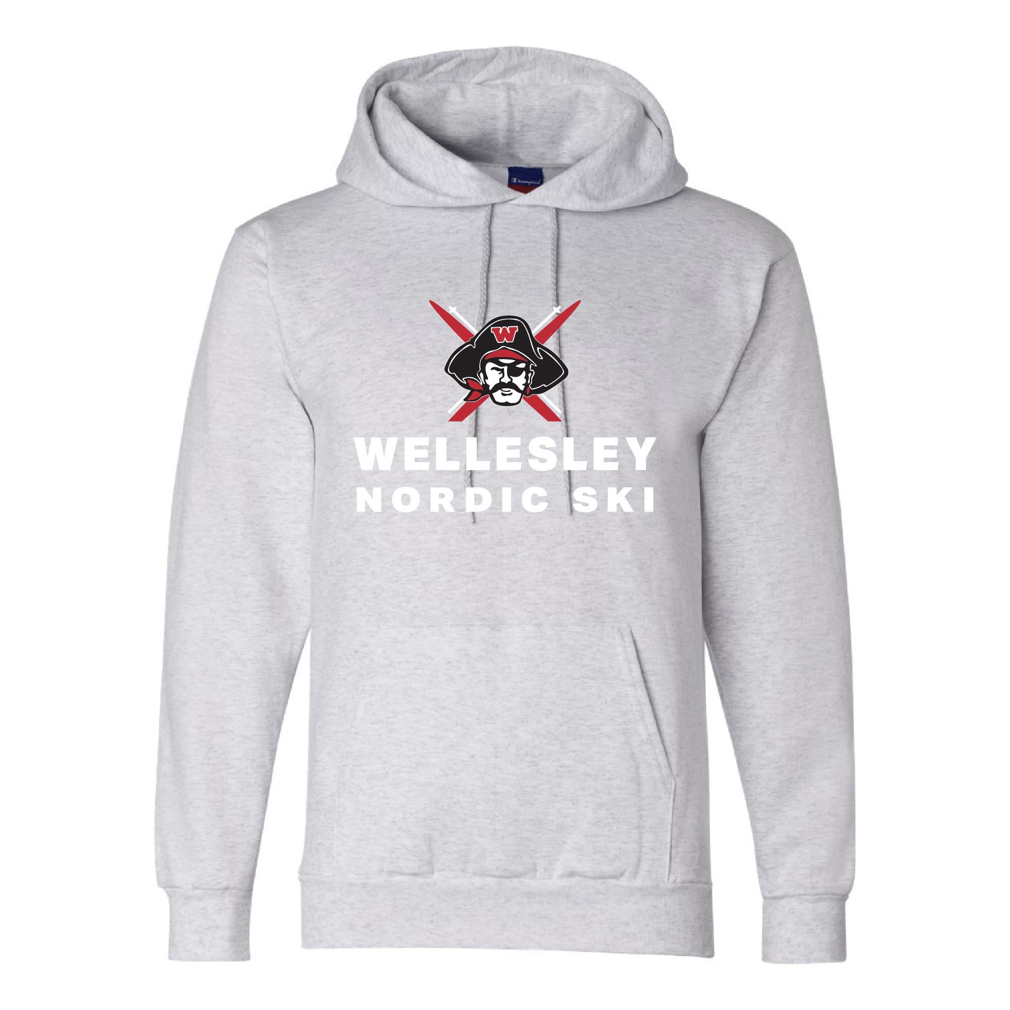 Light gray Champion hoodie with Wellesley Nordic Ski logo featuring a pirate mascot and text in white and red, showcasing school pride and team spirit for winter sports enthusiasts.