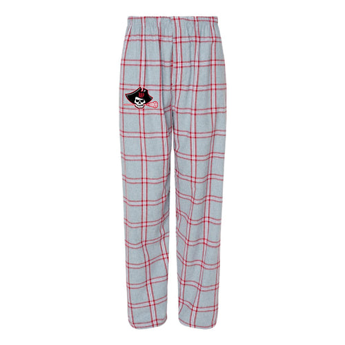 Raider Lax Flannel Lounge Pant in gray plaid with red lines, featuring a stylized logo on the left hip. Comfortable cotton flannel pants with elastic waistband and pockets, perfect for relaxation and casual wear.
