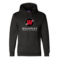 Black Champion hoodie featuring Wellesley Track & Field logo with red 'W' in white circle, white text below, front pouch pocket, and Champion logo on sleeve