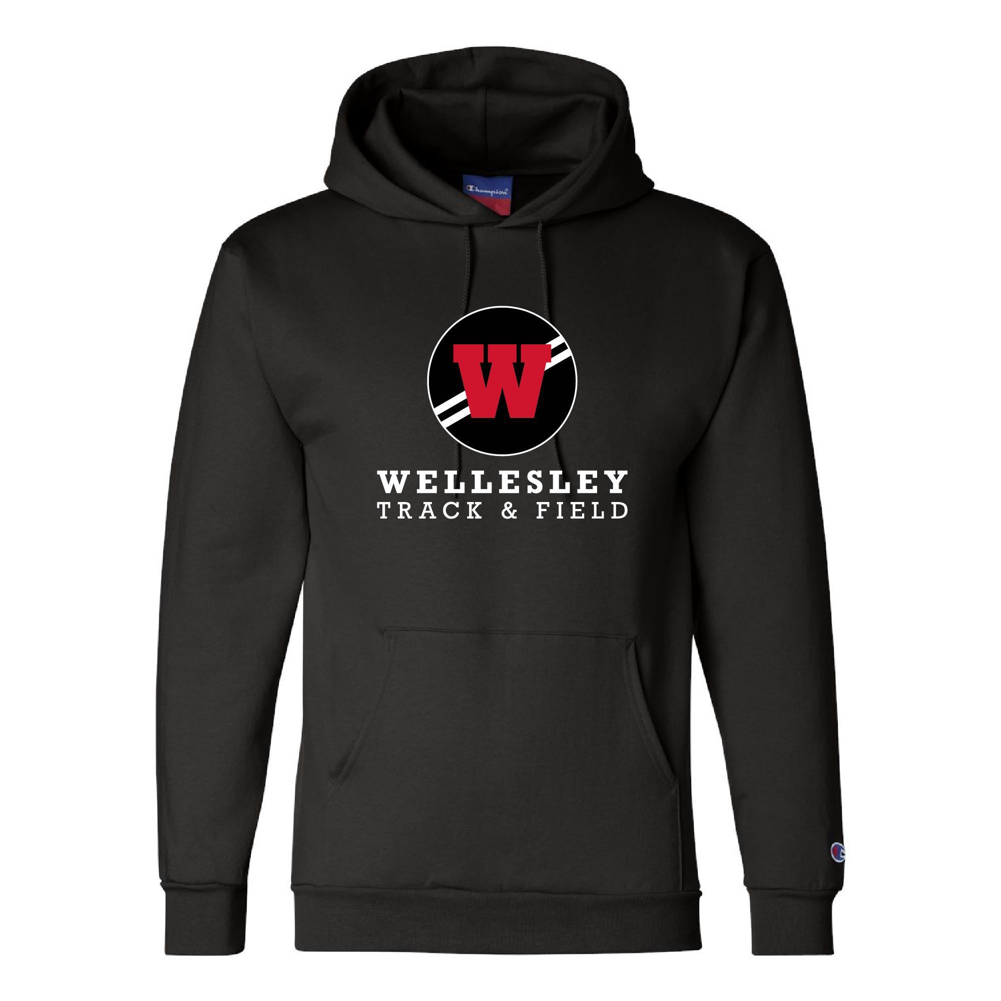 Black Champion hoodie featuring Wellesley Track & Field logo with red 'W' in white circle, white text below, front pouch pocket, and Champion logo on sleeve