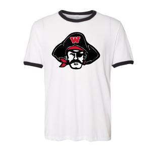 White ringer t-shirt with black trim featuring WHS Raiders logo, depicting a pirate wearing a black hat with red 'W' emblem and red bandana. Comfortable vintage-style jersey for WHS XC team supporters.