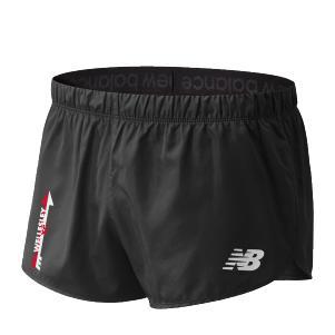 Black athletic running shorts with 3-inch inseam, featuring New Balance logo and red accent. Lightweight woven polyester fabric with split design for mobility. Elastic waistband with drawstring for adjustable fit. Ideal for cross-country and track performance.