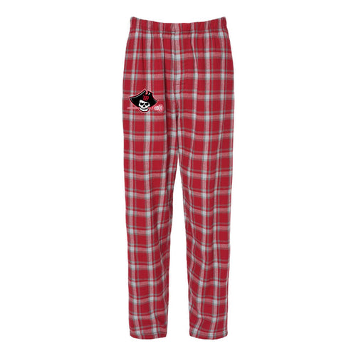 Red and white plaid flannel lounge pants with self-folded waistband and pockets. Features a small embroidered pirate logo on the left thigh. Comfortable cotton fabric ideal for holiday relaxation.