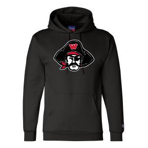 Black Champion hoodie featuring WHS Raiders logo with pirate mascot, front pouch pocket, and "C" logo on left sleeve. Eco-friendly blend of cotton and recycled polyester for warmth and team spirit.