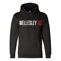 Black Champion hoodie with "WELLESLEY XC" printed in white and red letters, featuring a front pouch pocket and drawstring hood, ideal for cross country team support and casual wear.