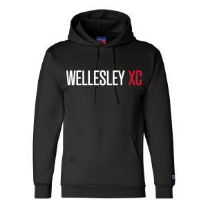 Black Champion hoodie with "WELLESLEY XC" printed in white and red letters, featuring a front pouch pocket and drawstring hood, ideal for cross country team support and casual wear.
