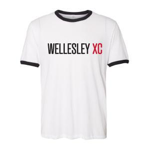 White ringer t-shirt with black trim on collar and sleeves, featuring "WELLESLEY XC" printed in bold black letters with "XC" in red, showcasing a retro-style design for cross country team apparel