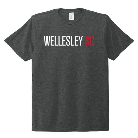 Charcoal gray t-shirt with "WELLESLEY XC" printed in white and red letters, showcasing a retro crew neck design for cross country running enthusiasts